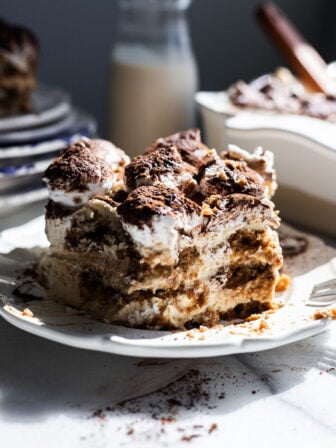 plate of bitten vegan tiramisu