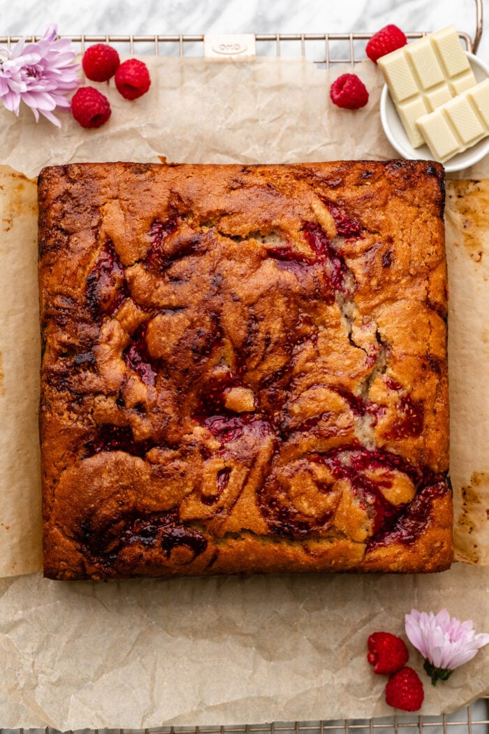 swirled raspberry white chocolate cake after baking