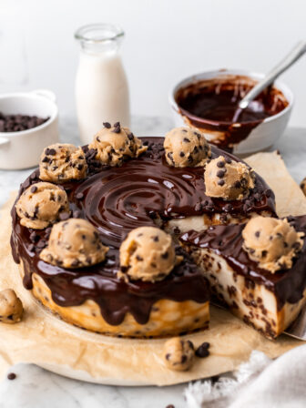 sliced vegan cookie dough cheesecake