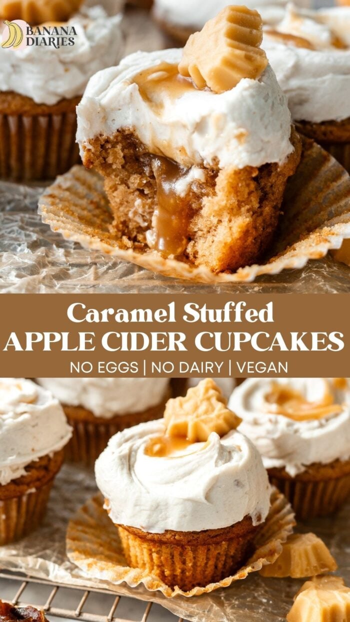 Salted Caramel Vegan Apple Cider Cupcakes with 'Brown Butter' Cream Cheese Frosting pinterest pin