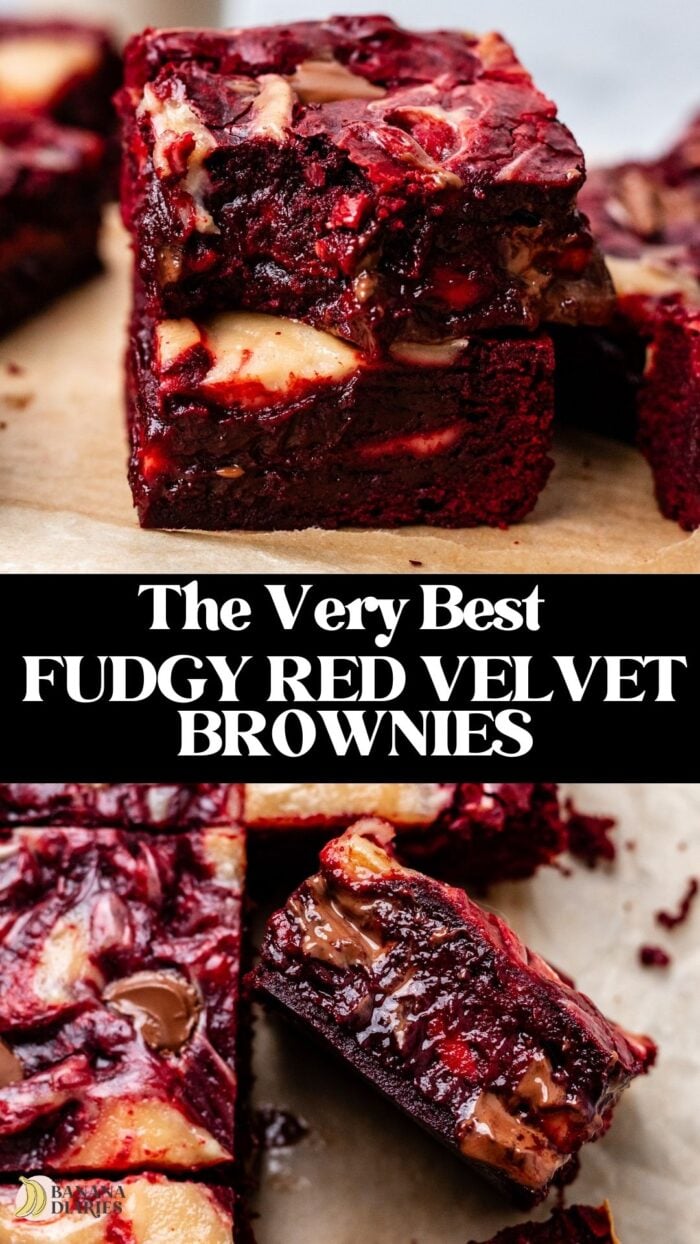 Crinkle Top Fudgy Red Velvet Brownies with Cheesecake Swirl- No eggs, No dairy! pinterest pin